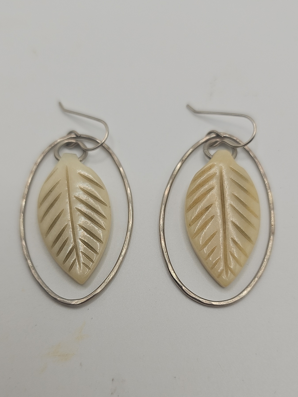 Handcrafted Cream Bone Leaf Drop Earrings with Silver Hoop.